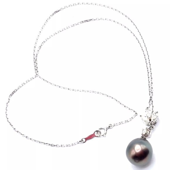 Authentic! Mikimoto 18k White Gold Tahitian Pearl Diamond Pendant Necklace - Picture 5 of 9